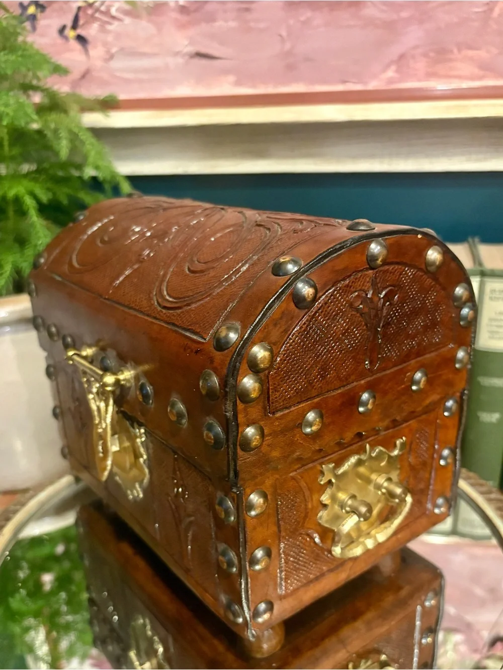Vintage Brown Leather Jewelry Trunk with Brass Hardware